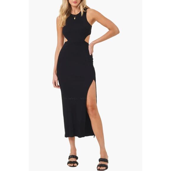 L Space Charli Ribbed Black Cut Out Midi Dress Black High Slit Vacation Summer - Picture 1 of 11